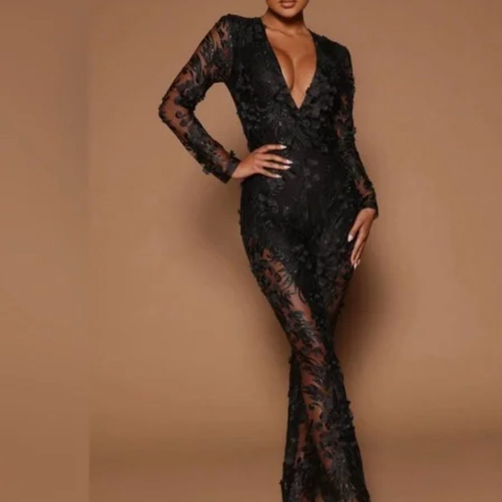 Chantal Long Sleeve Lace Jumpsuit-Black